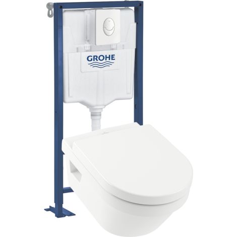 WC suspendu sans bride VILLEROY ET BOCH Architectura + abattant + bati support GROHE + plaque de commande blanche (1/5)