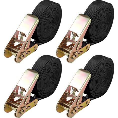 4 Sangle Arrimage 6m x 25mm, Sangle a Cliquet Noir avec Une Capacité De Charge De 1000 Kg, Sangles à Cliquer, Sangles d'Arrimage Adaptées pour Camions et Autres Véhicules (1/5)