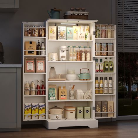 Meuble de rangement cuisine blanc 60x35x128 cm, armoire avec éclairage LED détecteur de mouvement, étagères ajustables, double portes, rangement spacieux, protection anti-chute, idéal pour pièce de vi (1/5)