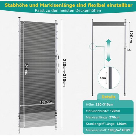 HDPE Klemmmarkise Senkrechtmarkise Außen 120×310cm, Balkon Sichtschutz ohne Bohren, ausziehbare Seitenmarkise, Sonnenschutz Windschutz Wasserfest,für Balkon Garten Terrasse,Grau (1/5)