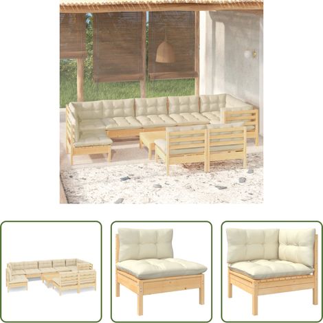 Terrassensofa - 10-tlg. Garten-Lounge-Set mit Creme Kissen Massivholz Kiefer (1/5)