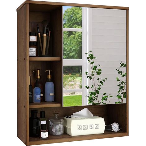 Armoire de salle de bain à miroir murale en bambou pour économiser de l'espace - Armoire à pharmacie à suspendre au-dessus des toilettes avec porte miroir et étagère réglable (noyer) (1/5)