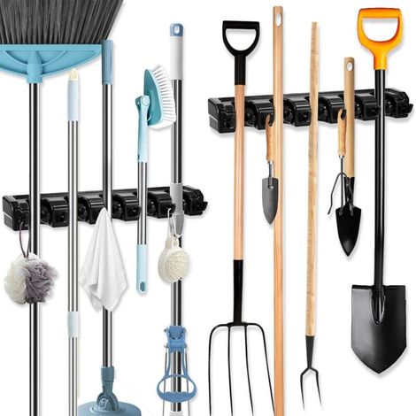 2-Piece Wall-Mounted Broom Holder, Wall-Mounted Broom Rack with 10 Slots and 12 Hooks – Wall Mount for Brooms, Garden Tools, and Garage