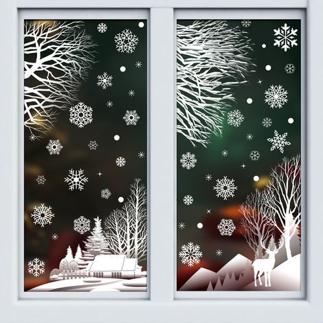 Autocollants pour fenêtre flocons de neige blancs et branches d'arbre, autocollants scène de forêt enneigée avec colibris, décorations de Noël hivernales, décorations de fenêtre statiques, anti-collis