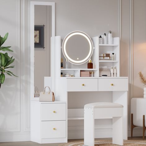 MEUBLIV Tocador 109x36x164 cm blanco – espejo LED 3 colores, 4 en 1 con taburete (1/5)