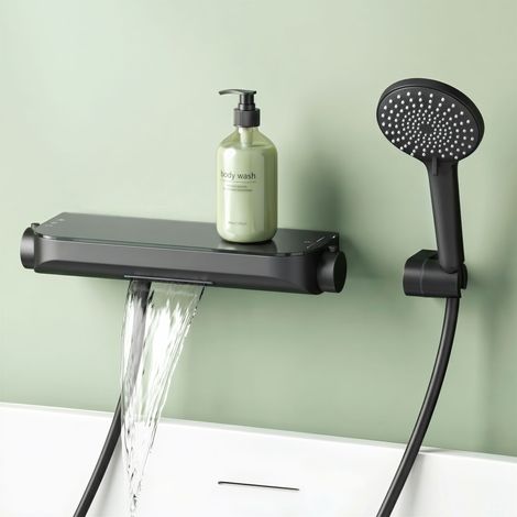 Mai & Mai Thermostat Badewannenarmatur mit Handbrause Wannenarmatur Wannenthermostat 4 Strahlarten Wandarmatur für Badewanne aus Messing inkl. Brauseschlauch Matt Schwarz Duschsystem8