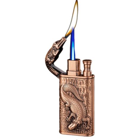 Briquet à double flamme Crocodile-Relief Magics, coupe-vent, rechargeable au butane, en métal, pour le camping et les bougies. Couleur : D (1/4)