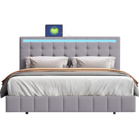 Lit rembourré 140 x 200 cm, cadre de lit flottant rembourré avec éclairage LED et design de tête de lit, lit double d'appoint en lin doux pour la peau, gris (1/5)
