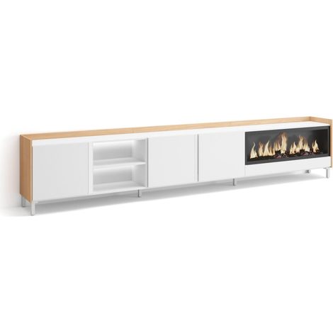 Skraut Home - Meuble TV, Banc Télé, Grand espace de Rangement, 315x35x61cm, Pour les TV jusqu'à 80", Cheminée électrique XXL, Design industriel, LED, Style moderne, Blanc et Chêne Soft (1/5)