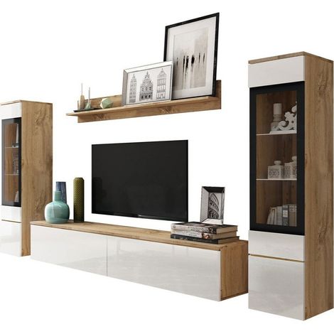 Conjunto de salón Mirfivo 101, Roble wotan + Blanco brillante