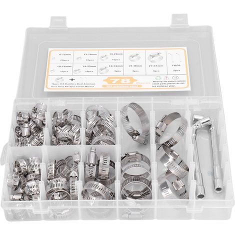 Kit de 78 colliers de serrage en acier inoxydable, 6-51 mm, 8 types, lot d'accessoires pour tuyaux et tubes (1/5)