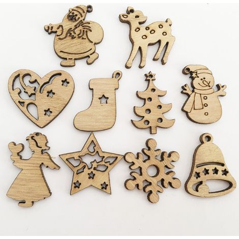 Set mit 100 gemischten Weihnachtsornamenten aus Holz, Mini-Weihnachtsmann, Schneemann, Rentier, Schneeflocken, Baumanhänger (1/5)