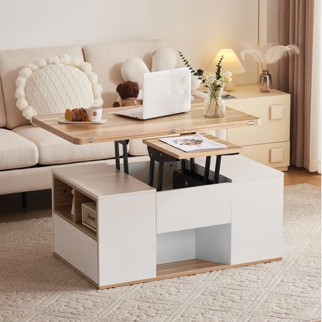 Multifunktionaler höhenverstellbarer Couchtisch 100 x 51 x 47 cm, weiß mit Holzoptik HAVRYA (1/5)