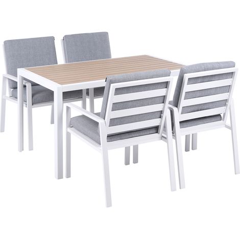 Conjunto de comedor exterior 4 plazas mesa y sillas estructura de aluminio tablero de listones con cojines blanco y gris Visso
