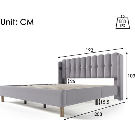 Cadre de lit double en lin gris 180x200 cm, sommier à lattes intégré, port USB-C de recharge, ensemble pour chambre adulte et invités (1/4)