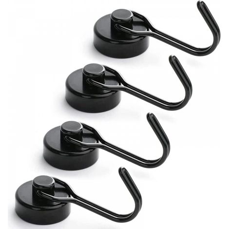 Lot de 4 crochets magnétiques pour réfrigérateur, aimant néodyme puissant de 15 kg, crochet magnétique pivotant pour casier à clés de cuisine et de salle de bain (A-Noir) (1/5)
