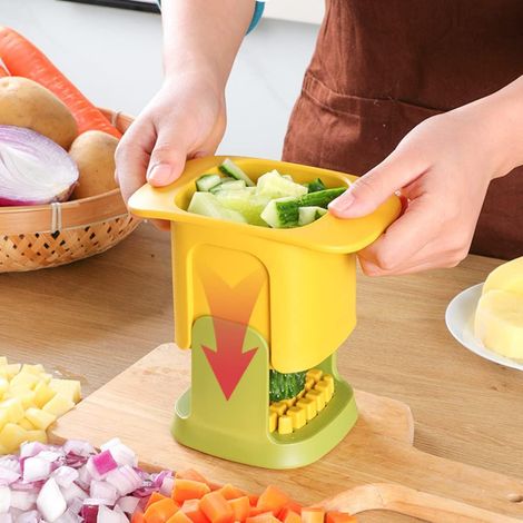 Picadora de verduras 2 en 1 con recipiente: Picadora manual de verduras para zanahorias, patatas, cebollas y más – Amarilla, polipropileno y acero inoxidable (1/5)