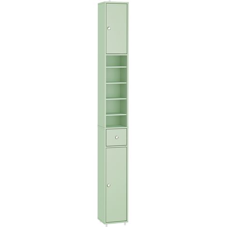SoBuy Bad-Schrank 20 cm - Schmale Regaltruhe mit Schublade und verstellbaren Ablagen - Kompakter Badschrank für WC, kleine Räume - Grün, MDF, 20x20x180cm, BZR34-II-GR