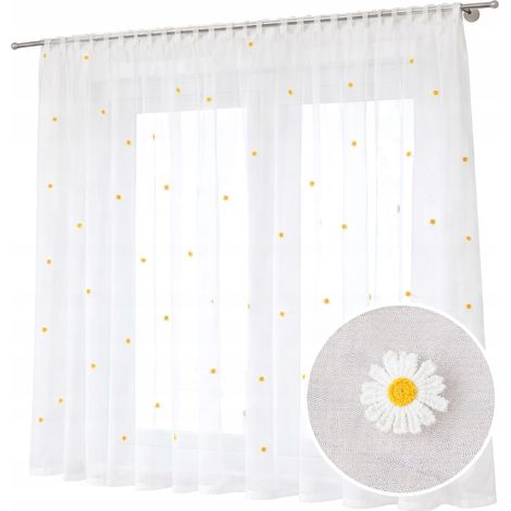 Tenda ricamata con margherite in voile per soggiorno, camera da letto, cucina, nastro 500 x 120 cm