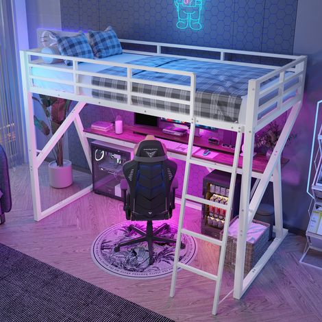 Lit mezzanine 90x200 cm blanc en métal et MDF avec LED, bureau, échelle et garde-corps (1/5)