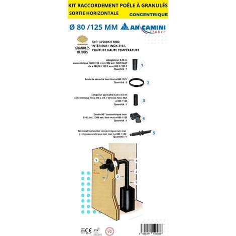 AN CAMINI Kit raccordement concentrique sortie horizontale pour poêle à granulés - Ø80/125 mm