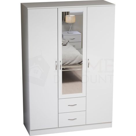 Riano 3 Door 2 Drawer Mirrored Wardrobes With Hanging Rail & Shelves, White