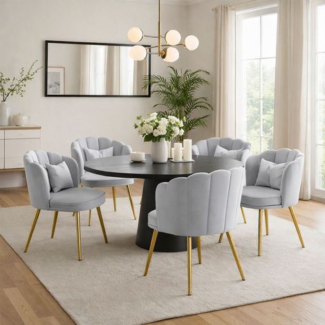 Lot de 6 chaises en velours avec dossier pétale, pieds dorés et coussins papillon pour salon ou bureau (1/5)