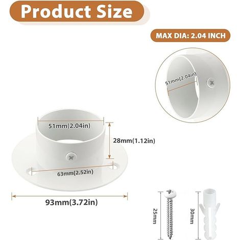 Lot de 4 Pièces Support de Tige Réglable en Acier Inoxydable, 5 CM, Base Épaissie Fermeture Murale Charge Lourde pour Armoire Rideau Douche Séchoir, Blanc (1/5)