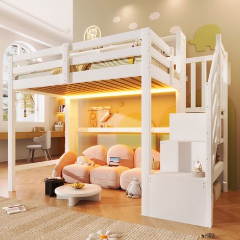 Lit mezzanine, lit simple, 90x200 cm, avec LED, espace de rangement sous le lit, échelle, compartiment de rangement ouvert, sans matelas, blanc (1/5)