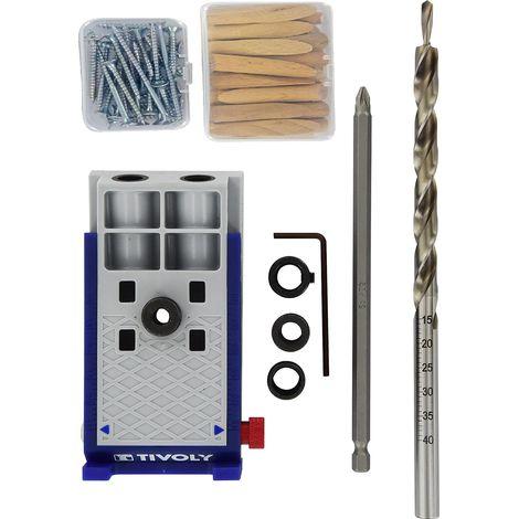 Tivoly • Kit di montaggio invisibile da 68 pezzi, con guida angolare da 15°, punta a gradino Ø9,5x200 mm, punta per vite Pz2 LG 150 mm, 30 tasselli, 30 viti per legno