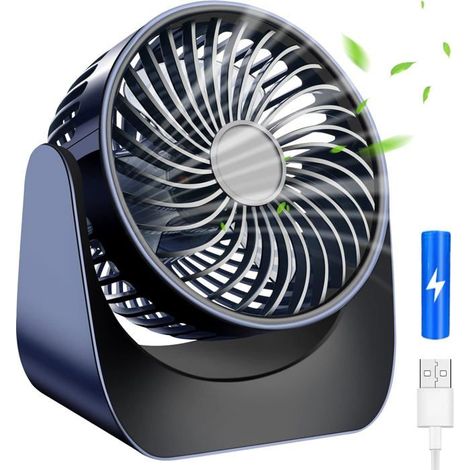 Mini ventilateur USB silencieux, petit ventilateur de bureau silencieux 3 vitesses rechargeable, rotation à 360°, bleu (1/5)