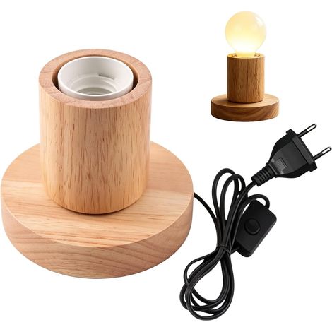 Lampe de table en bois, E27 60 W, lampe de chevet, pied en bois, mini lampe de table cylindrique avec socle en bois et interrupteur à câble, rétro, prise européenne, pour chambre à coucher, [Classe én (1/5)