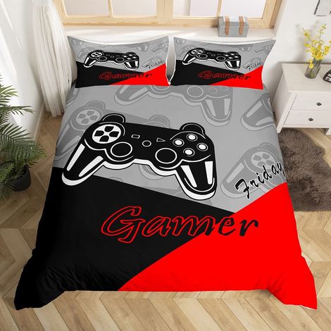 Parure de lit de 2 pièces, avec 1 housse de couette 135 x 200 cm et 1 taie d'oreiller, noir/rouge/gris, motif de jeux vidéo, pour jeune enfant garçon adolescent (1/5)