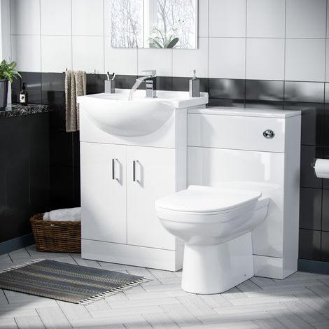 Dyon White Vanity Sink Unit Cloakroom Basin & Back To Wall Toilet WC - Flat Pack (1/5)