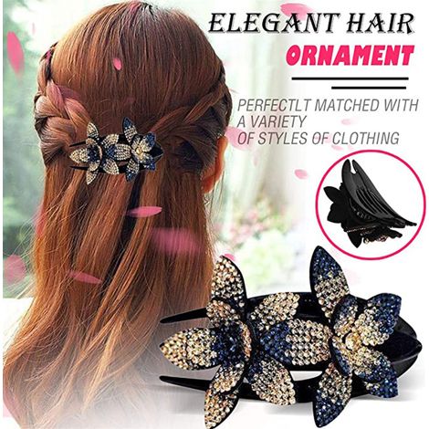 Pince à cheveux en forme de bec de canard ornée de strass et de double fleur scintillante, pour femmes et filles, bleu foncé champagne, taille S (1/5)