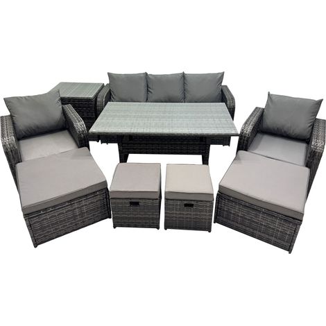 Fimous 8 Seat Outdoor Wicker PE Rattan Garden Furniture Set Dining Table Sofa Set with 4 Stools Side Table Dark Grey Mixed (1/5)