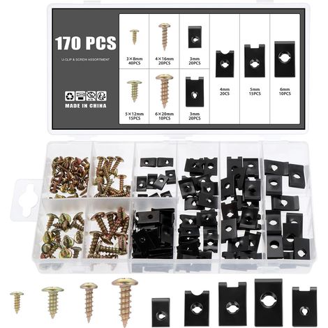 170 Pcs U Clips Et Des Vis Kit,Universal Metal U-Nuts,Agrafes Carrosserie,Clip de Fixation en Métal en Forme de U, Vis de Carrosserie pour Ailes de Voitures (1/5)