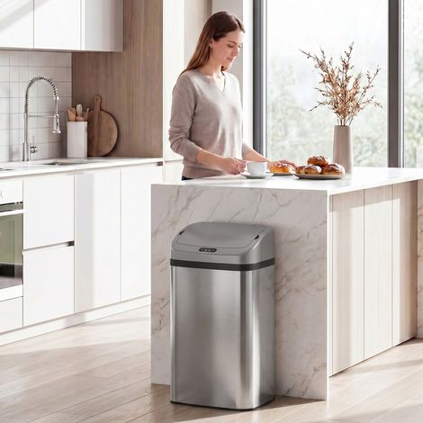 Poubelle de cuisine automatique 48 L en acier inoxydable avec couvercle à fermeture douce, 33 x 25 x 69 cm, argent (1/5)