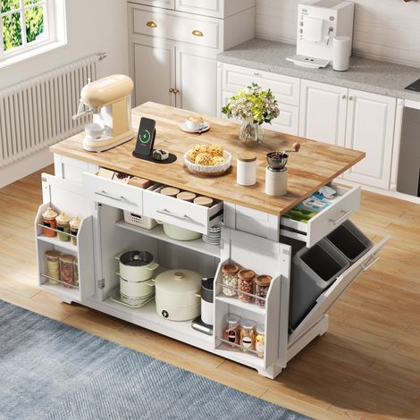Faltbare Kücheninsel 138 cm mit EU-Steckdosen, leisen Rollen, weiß Holzoptik HAVRYA (1/5)