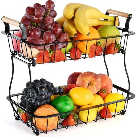 Ecleanfy - Corbeille à fruits à 2 niveaux pour comptoir de cuisine, panier à fruits et légumes en fil métallique, support à fruits (1/5)