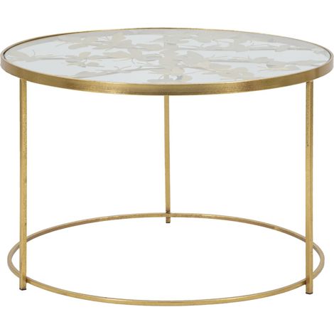 Table Basse Ronde Butterflies Dorée - Plateau En Métal Doré Et Verre, Ø 60 X 40,5 Cm - Style Glamour - Parent 940