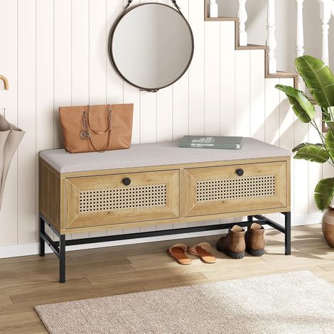 Banc à Chaussures Rotin avec 2 Tiroirs et Coussin Lin, Chêne Naturel Marron (1/5)