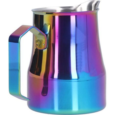 500 ml Milchkännchen aus Edelstahl, italienisches Barista-Kännchen mit breitem Boden, ideal für Latte Art, Regenbogen-Finish mit Logo, Kaffeezubehör für Cappuccino. (1/5)