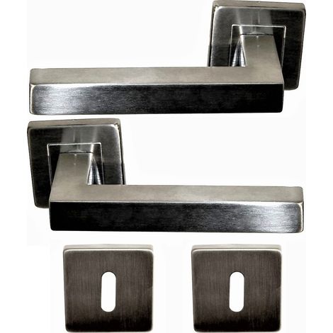 Manilla de Puerta COLETTE Cuadrada de 20 x 10 con Rosetas de Acero inoxidable 304, Finamente Satinada. Sección de la manivela: 2  +1 Pareja de rosas con agujero de llave (1/2)