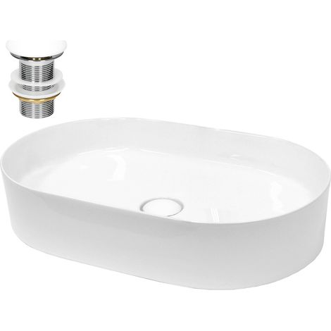ECD Germany Lavabo Cerámica Blanco Ovalado 605x380x125 mm Con Juego De Drenaje Sin Rebosadero Lavamanos Moderno Sobre Encimera Pila Para Baño Aseo Fregadero Colgante Válvula De Desagüe Pop Up (1/5)