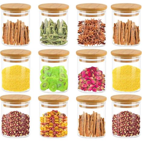 Set mit 12 Gewürzgläsern aus Glas, 120 ml – Deckel aus Bambusholz – Silikondichtung zum Erhalt der Aromen – Maße: 55 x 80 mm – Mowze (1/5)