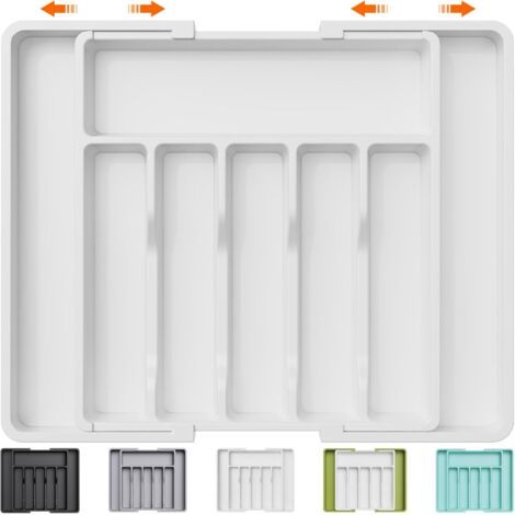 Range Couverts, Plateau d'Ustensiles Extensible pour Tiroir, Organisateur de Tiroir Réglable pour la Cuisine, Rangement Compact en Plastique pour contenir des Cuillères, Fourchettes, Blanc (1/5)