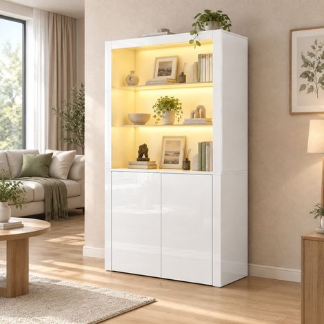 Vitrine 100 x 35 x 170 cm, Hochglanz, mit LED-Beleuchtung, gehärtetem Glas, Weiß HAVRYA (1/5)