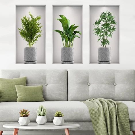 3-teiliges 3D-Vasen-Wandtattoo-Set, selbstklebende Wandaufkleber 22 x 44 cm Wandtattoos mit grünen Pflanzenmotiven, 3 verschiedene Designs für Wohnzimmer, Schlafzimmer, Flur und Küche (1/5)