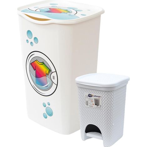 SET BIDONE RACCOLTA BIANCHERIA PER PANNI COLORATI + PATTUMIERA CON PEDALE BIANCA (1/5)